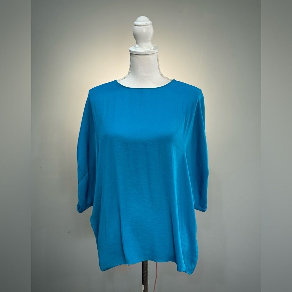 Blue Naked Zebra S/S Silky Blouse Size L EUC